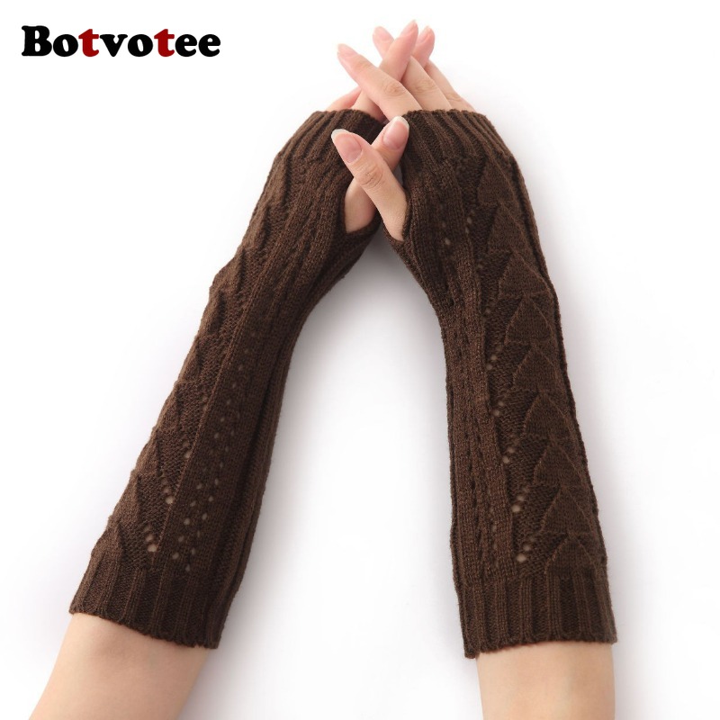 Fingerless Glove Knit - 女性用ボットボーティー 冬用ニット 透かし編み 三角形 長袖 ホルダー