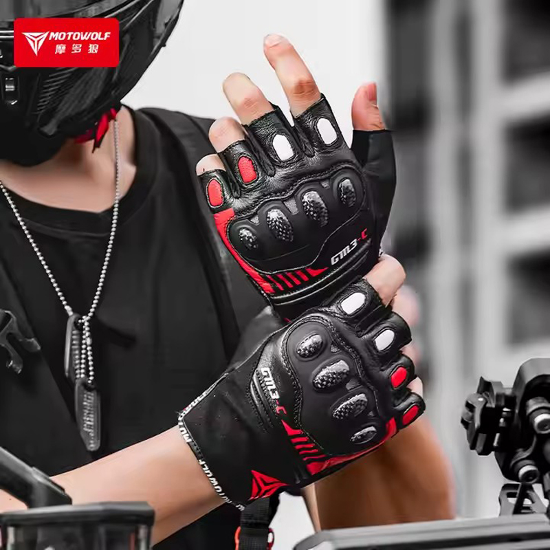 ハーフフィンガーオートバイ手袋ハードナックルレザーサイクリン - Motorcycle Glove Knuckle のレビューと価格
