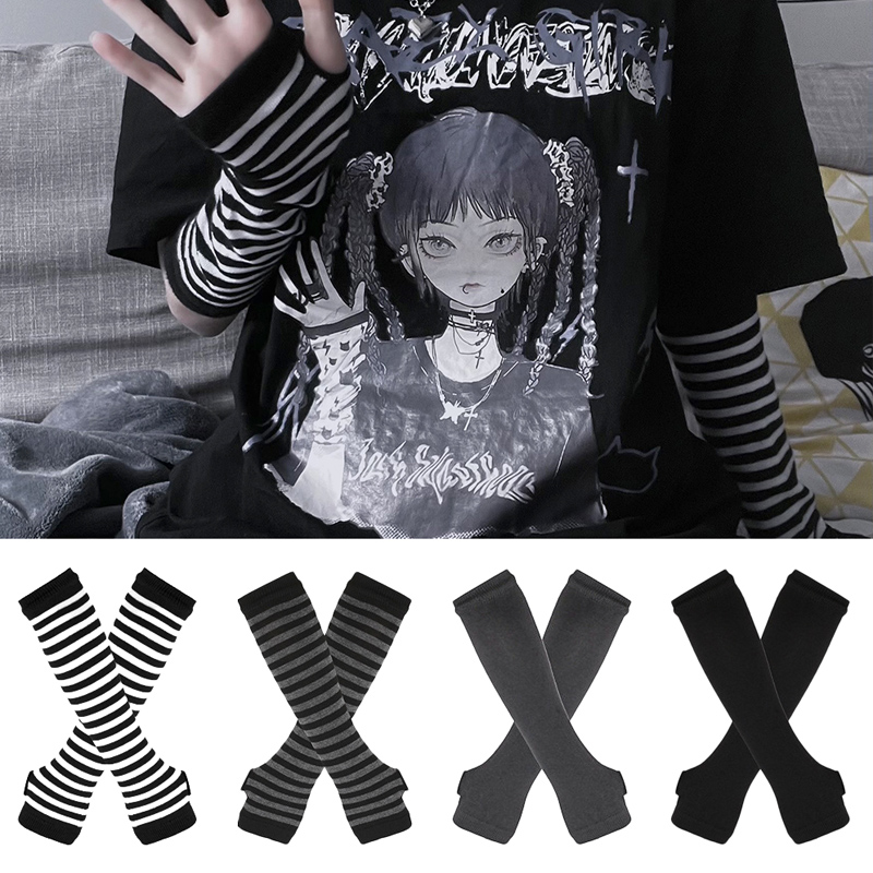 女性長袖ゴシックストライプ指なしアームウォーマーニット女性の - Fingerless Glove Knit のレビューと価格